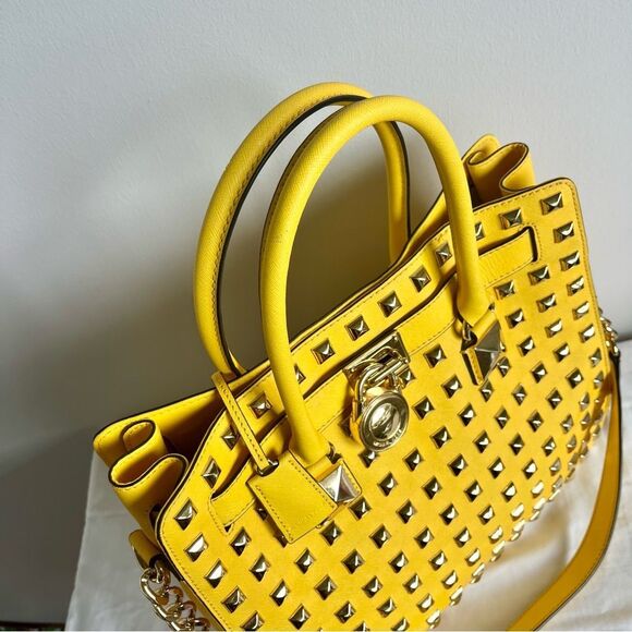 MICHAEL KORS Yellow RARE Studded XL Hamilton Satchel Shoulder Bag Raven Selma - Picture 4 of 10